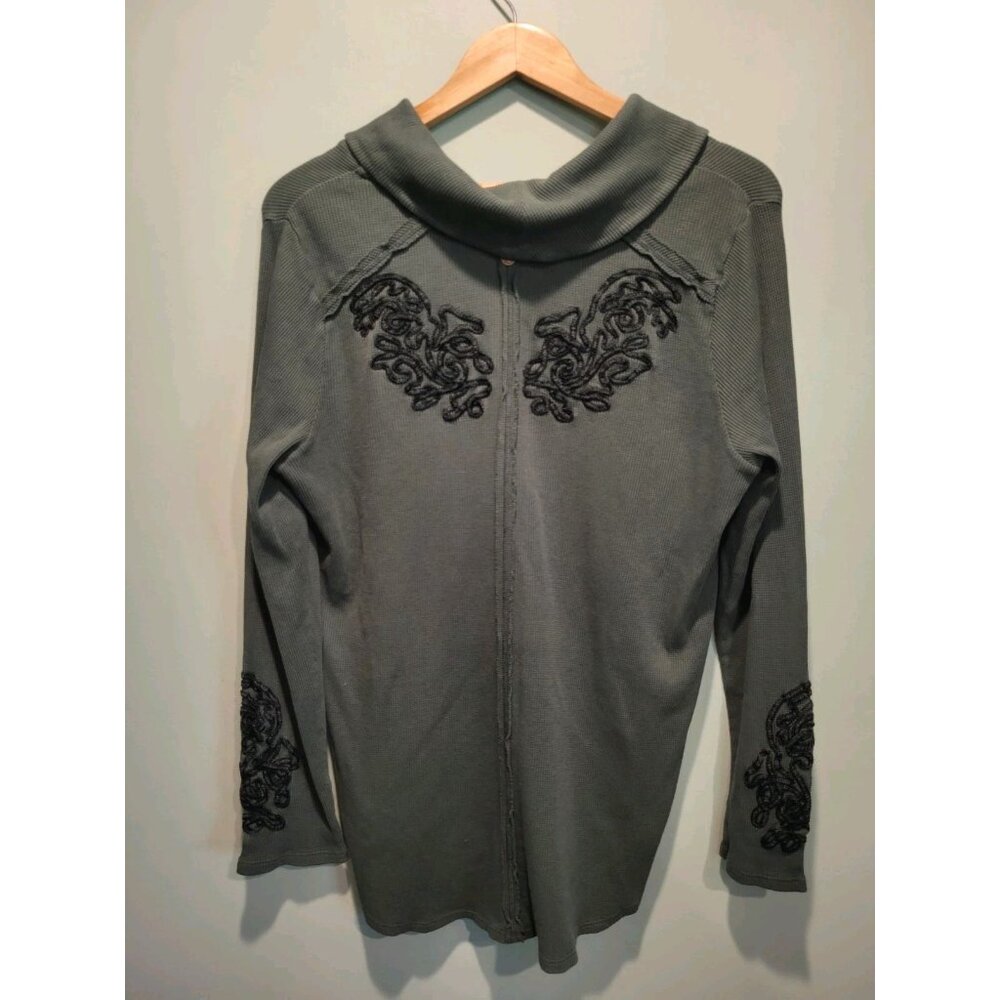 Soft Surroundings Green Waffle Knit Cowl Neck Embroidered Tunic Top 2X